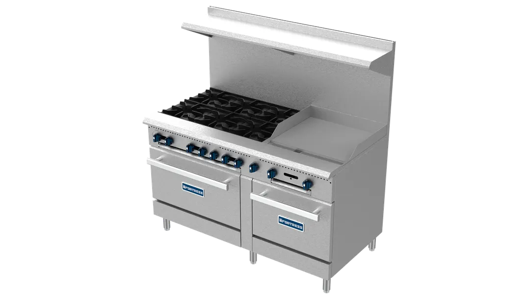 Fortress FGR6B24G 60" Gas Restaurant Range w/ (6) Open Burners, 24" Griddle, (2) Ovens, 275.000 BTU