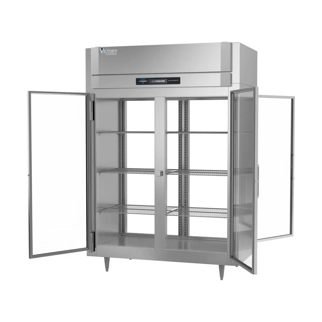Victory FSA-2D-S1-EW-PT-G-HC 58" 4-Glass Door Pass-Thru Freezer, 2-Section, Top Mounted, 53 cu. ft., Stainless Steel Exterior, Aluminum Interior