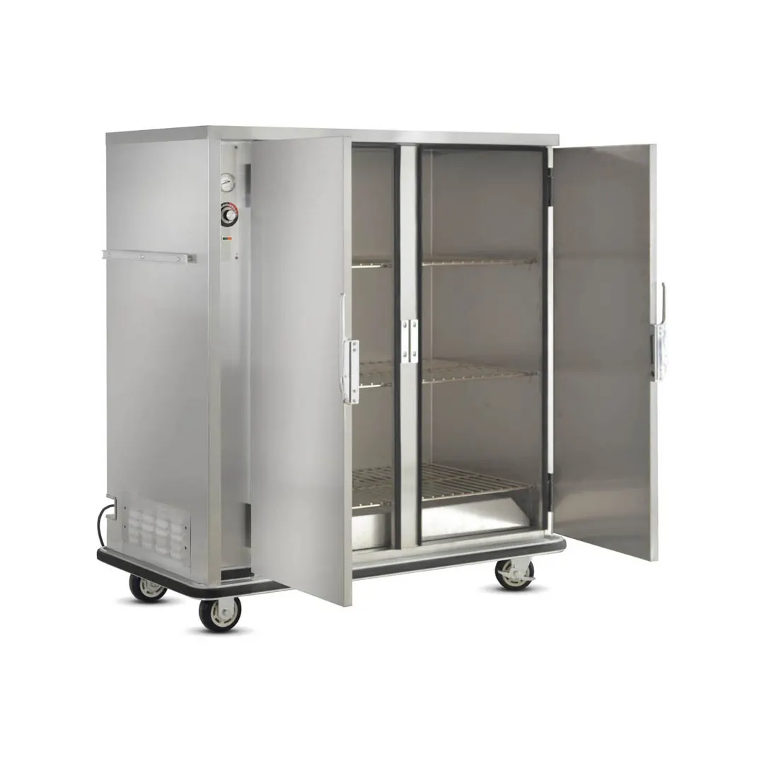 FWE A-120-2 55"-60" 2-Door Heated Cabinet, 120 Plate Capacity, Stainless, 3 Shelves, 6" Casters