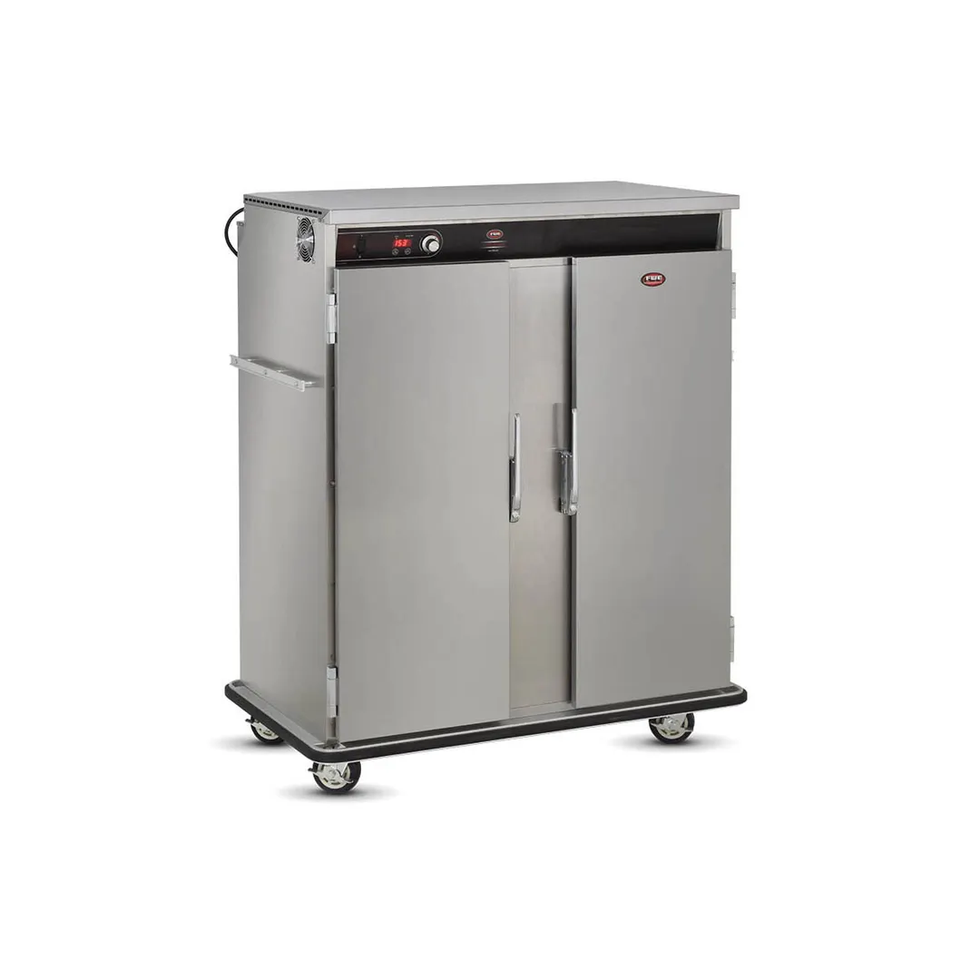 FWE BT-120 Heated 2-Door Stainless Steel Cabinet, 120 Capacity, Heat, 3 Shelves, 6" Casters