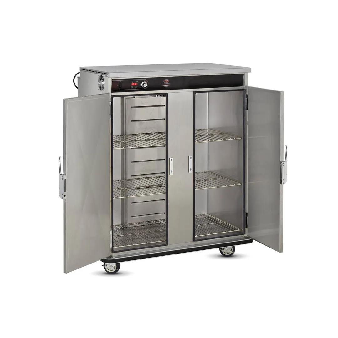 FWE BT-120 Heated 2-Door Stainless Steel Cabinet, 120 Capacity, Heat, 3 Shelves, 6" Casters