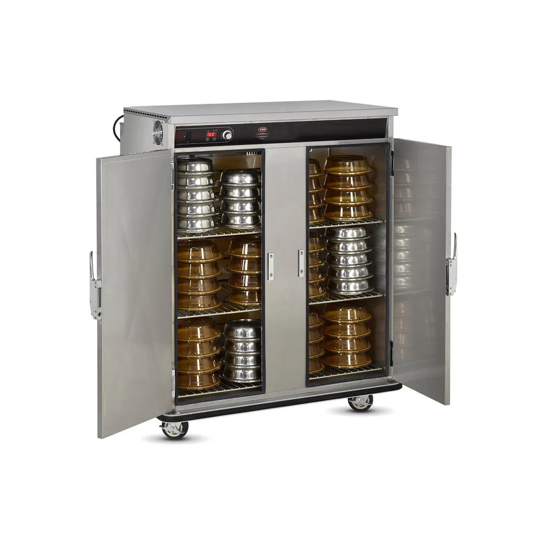 FWE BT-120 Heated 2-Door Stainless Steel Cabinet, 120 Capacity, Heat, 3 Shelves, 6" Casters