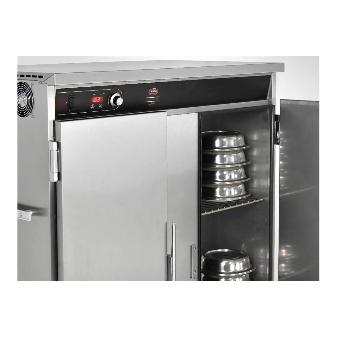FWE BT-120 Heated 2-Door Stainless Steel Cabinet, 120 Capacity, Heat, 3 Shelves, 6" Casters