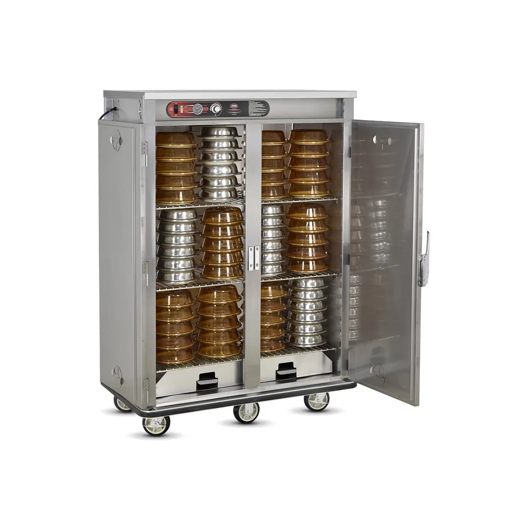 FWE E-1200 2-Door Heated Holding Cabinet, 120 Plate Capacity, 3 Shelves, Heat Drawer, 6" Casters