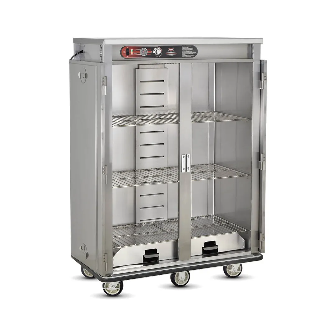 FWE E-1200 2-Door Heated Holding Cabinet, 120 Plate Capacity, 3 Shelves, Heat Drawer, 6" Casters