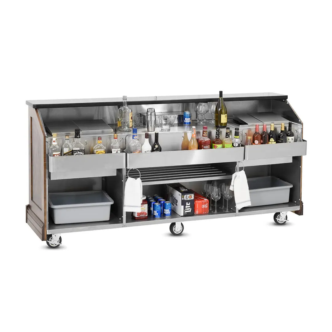 FWE ES-CB-8-BW Executive Series (2) 60 lb. Ice Bins Removable Speed Rack-95" Portable Bar-Maple Wood Front-Sides