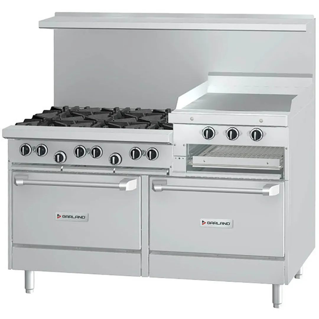 Garland US Range 60" Gas Restaurant Range w/ (6) Open Burners, 24" Raised Griddle/Broiler, (2) Standard Ovens, 307.000 BTU