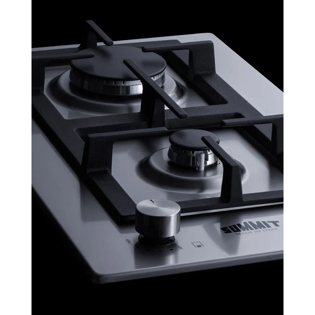 Summit GCJ2SS 12" Built-In Gas Cooktop/Hotplate with (2) Burners, Stainless Steel Surface, 13.400 BTU