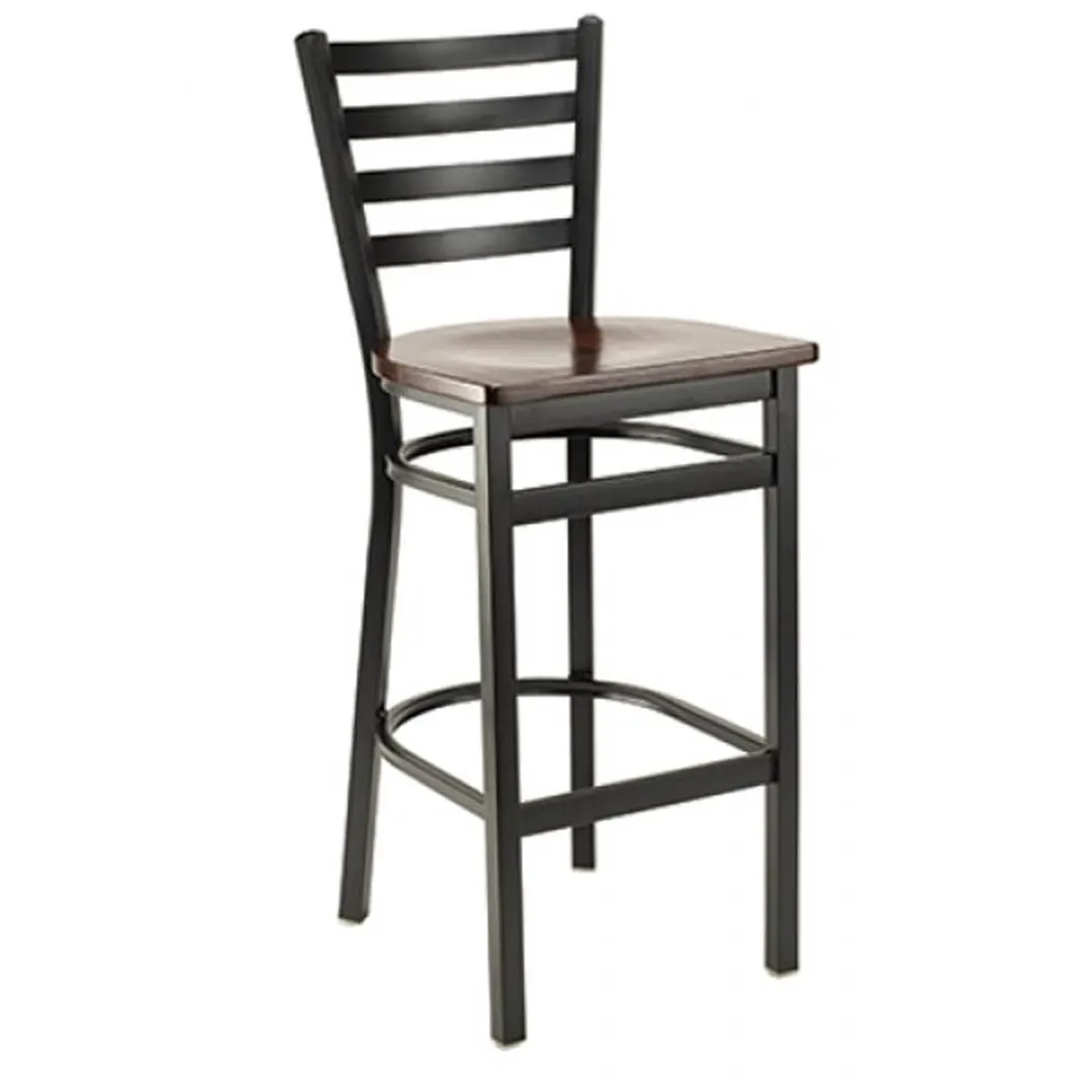 G & A 613-B SS Dante Barstool, Ladder Back, Solid Wood Saddle Seat, Black Powder Coated 18 Gauge Steel Frame, Non-Marring Floor Glides