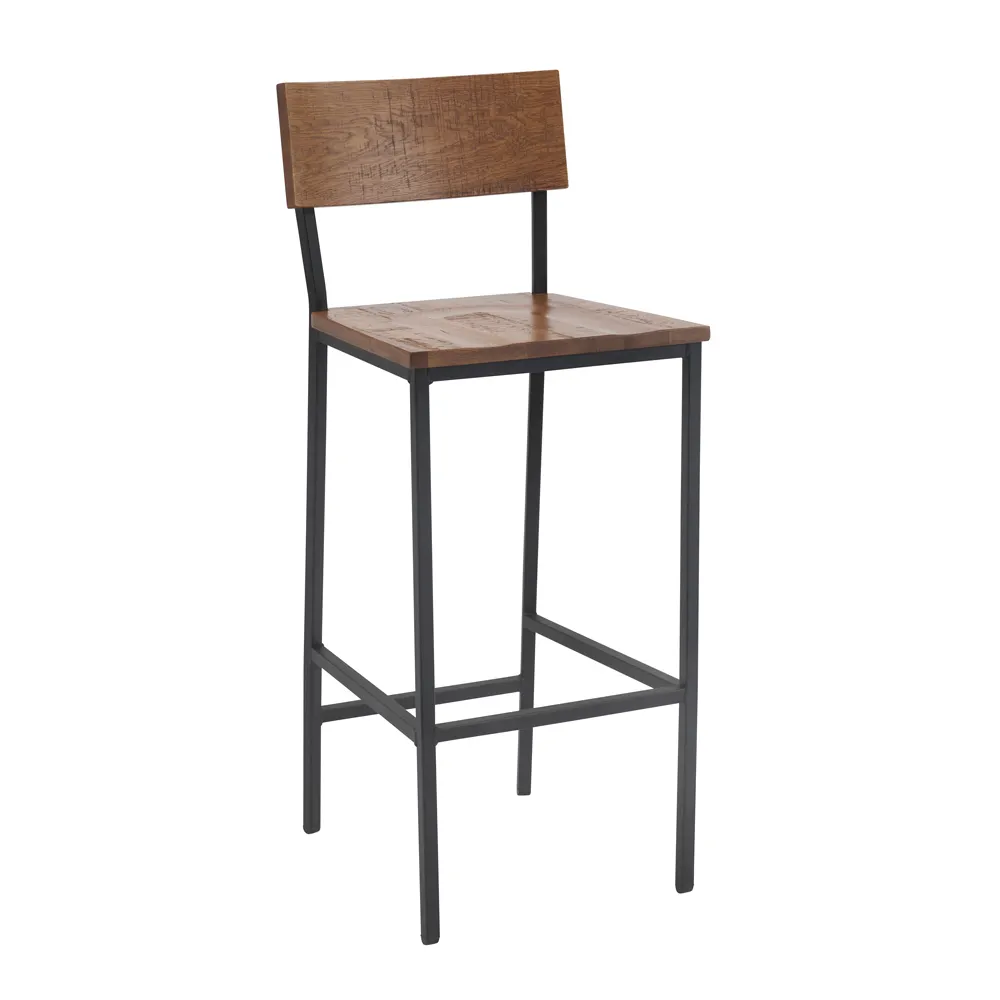 G & A 648 Tyler Barstool, Wood Back & Seat, 18 Gauge Steel Frame, Black Finish, Footrest, Non-Marring Glides