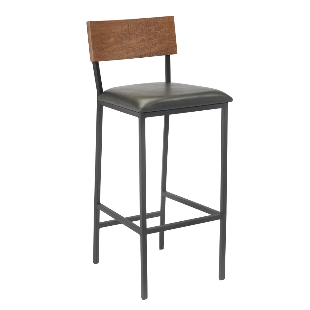 G & A 648-PS Tyler Barstool with Wood Back, Upholstered Padded Seat, 18 Gauge Steel Frame, Black Finish, Footrest, Non-Marring Glides