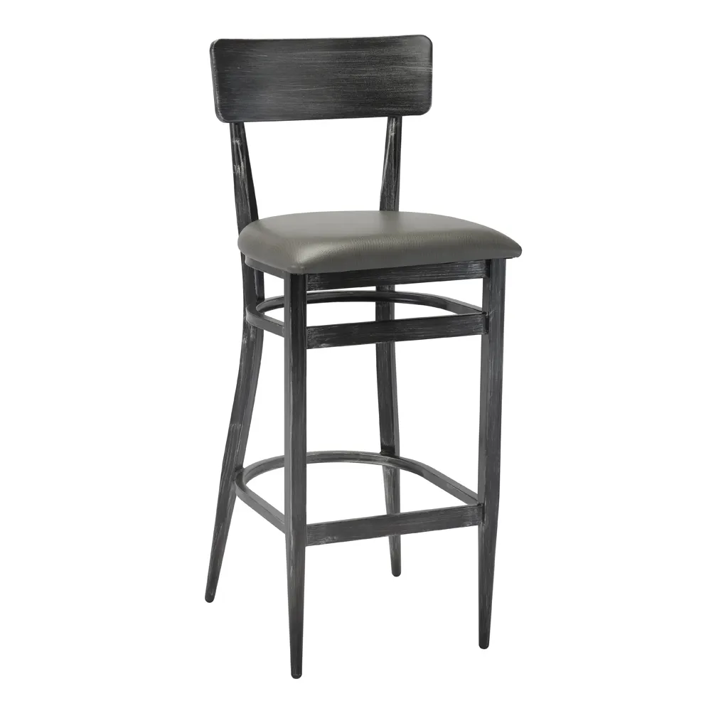 G & A 670 Brushed Distressed Gray Bar Stool, Upholstered Padded Seat, Steel Frame, Footrest, Non-Marring Glides