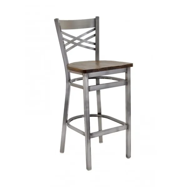 G & A 699-D SS Double Cross Back Barstool with Solid Wood Saddle Seat, 18 Gauge Steel Frame, Distressed Clear Finish, Footrest