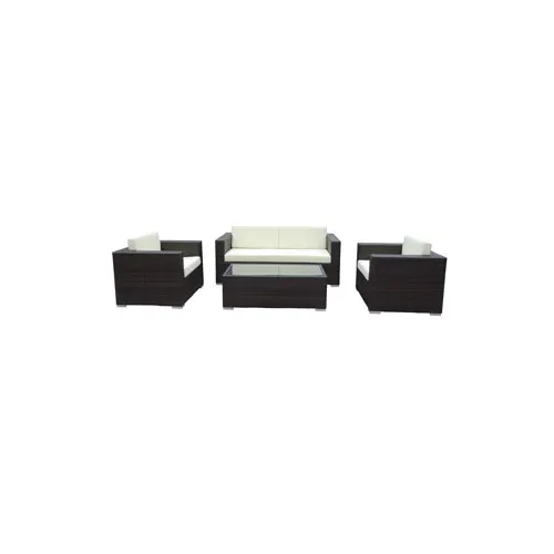 G & A 8300 Monterey 4-Piece Outdoor Lounge Set, Resin Wicker, Aluminum Frame, White Cushions, Espresso Glass Top