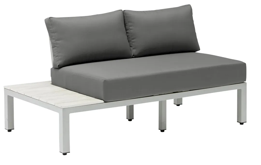 G & A 8404-L Ravello Lounge Sofa Seat, Indoor/Outdoor Use, Grey Cushions, Synthetic White Wash Teak with Grey Aluminum Frame, Left Side Table, Nylon Floor Glides