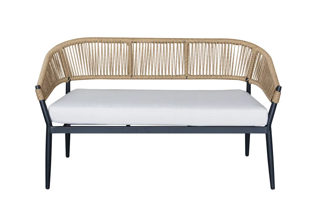 G & A 854 Costa Bench, Black Aluminum Frame, Woven Synthetic Rope, 49-60" Wide, Stacking, Footrest