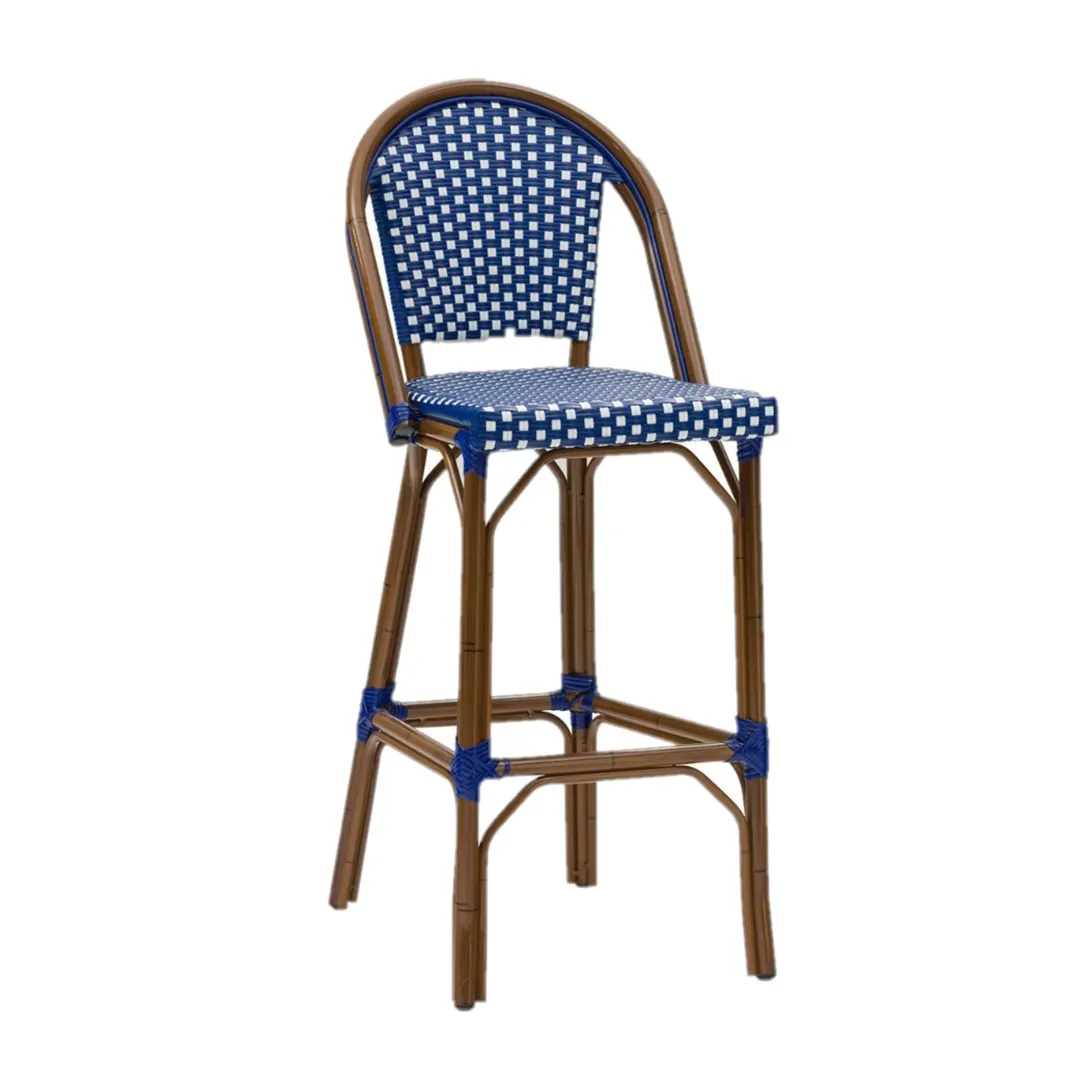 G & A 909-BLUE Marina Barstool, Stacking, Synthetic Wicker, Blue/White, Aluminum Frame