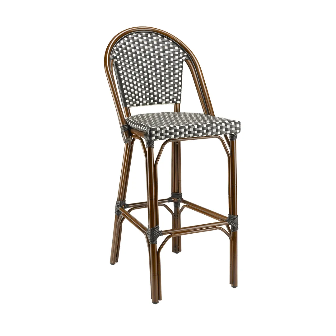 G & A 909 Marina Barstool, Stacking, Synthetic Wicker, Aluminum Frame, Walnut Finish