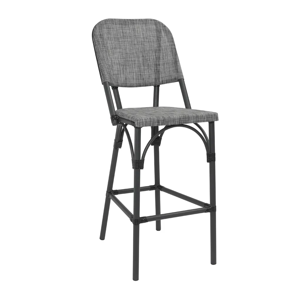 G & A 912 Barcelona Aluminum Barstool, Gray Textilene Back & Seat, Armless, Powder Coat Charcoal Finish