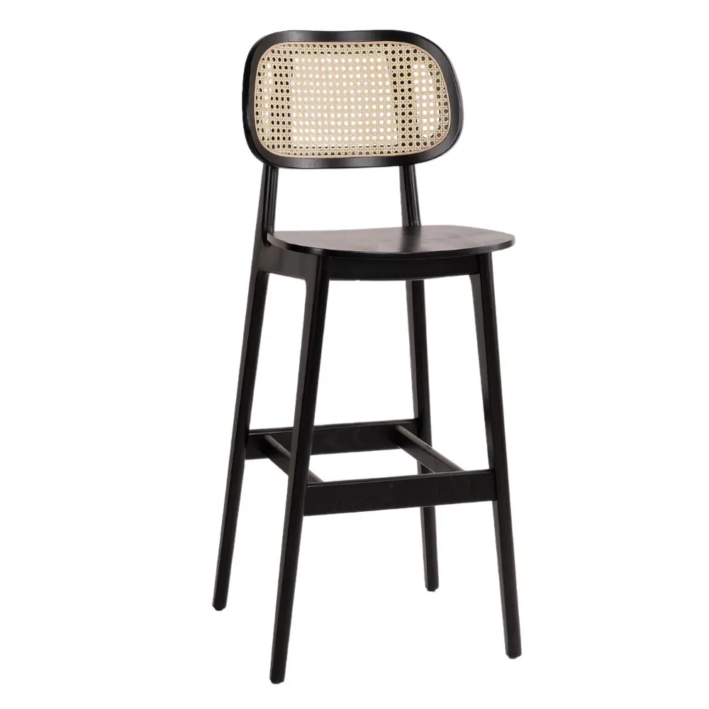 G & A 9616-PS Barstool – Black Beechwood Frame, Cane Wood Mesh Back, Upholstered Seat, Plastic Glides