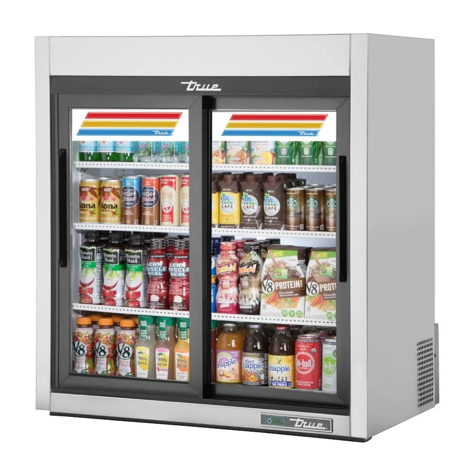 True GDM-09-SQ-S-HC-LD 36" Countertop Two Sliding Glass Door Refrigerator, Stainless Steel