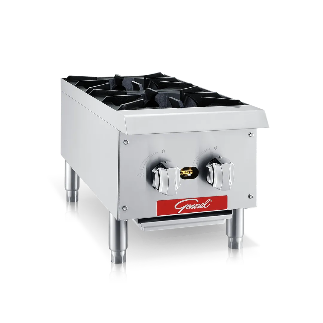 General GCHP-12-2LP 12" Countertop Gas Hotplate with Manual Controls, (2) Cast Iron Burners