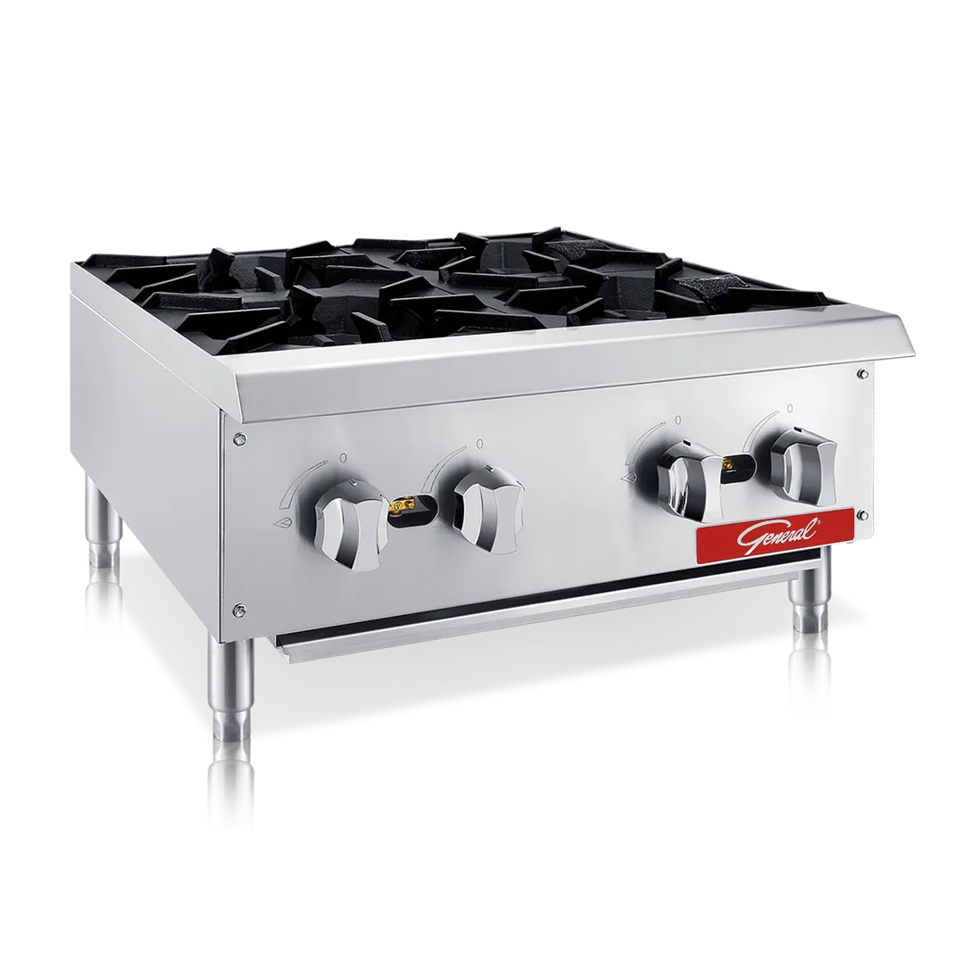 General GCHP-24-4NG 24" Countertop Gas Hotplate with Manual Controls, (4) Cast Iron Burners