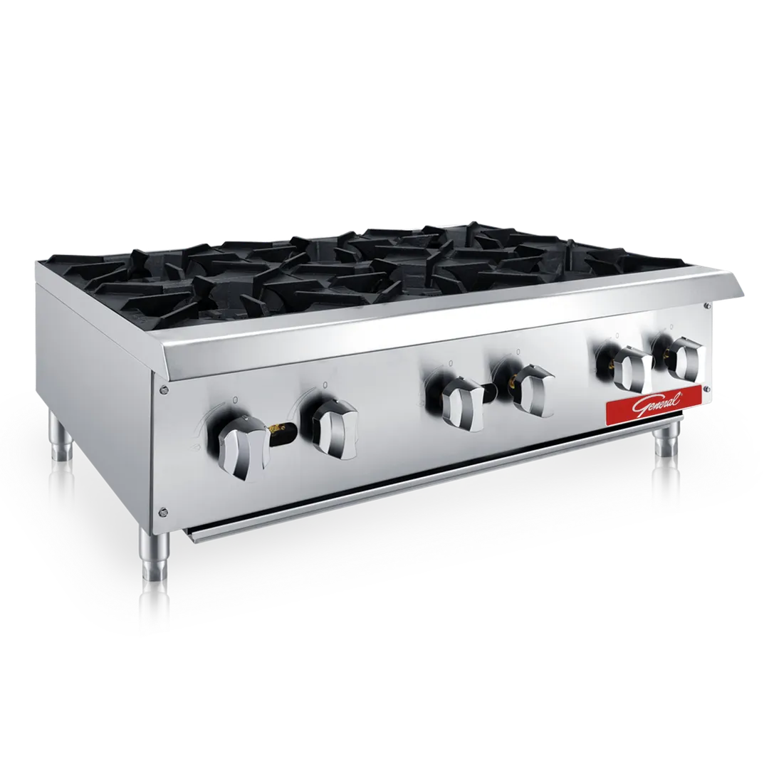 General GCHP-36-6LP 36" Countertop Gas Hotplate with Manual Controls, (6) Cast Iron Burners