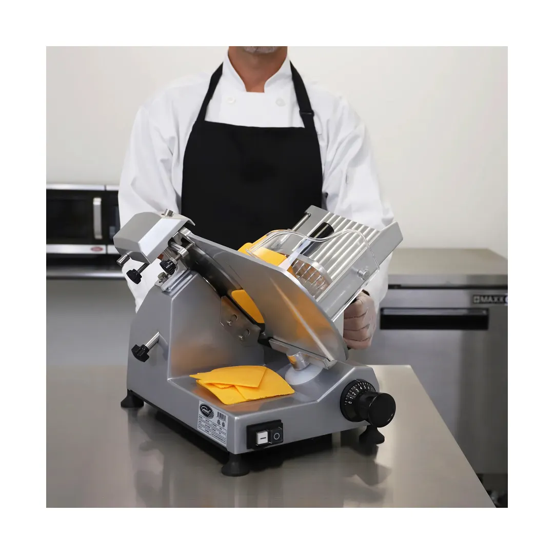General GSE009 Commercial Meat Slicer – 9" Chrome Knife, 1/6 HP 120W, Belt Drive, Anodized Aluminum, 334 RPM