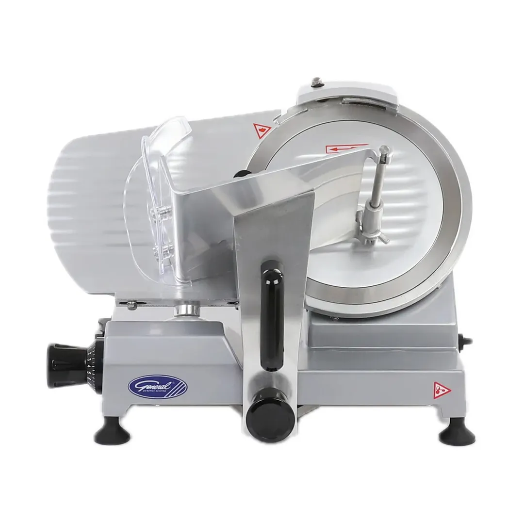 General GSE010 Meat Slicer – 10" Blade, 1/2" Thickness, 1/5 HP, 150W, Belt Drive, Cast Aluminum, Anodized Finish