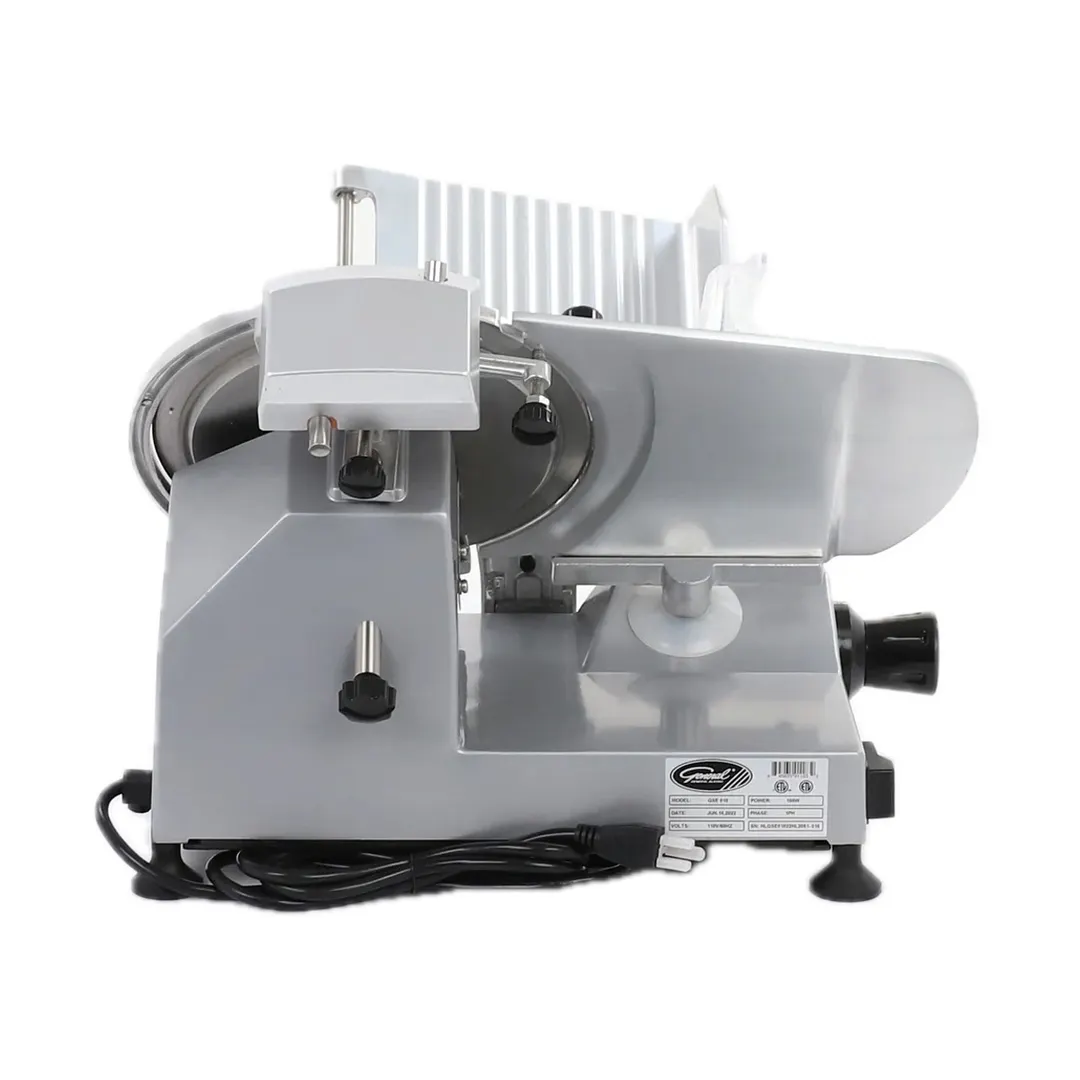 General GSE010 Meat Slicer – 10" Blade, 1/2" Thickness, 1/5 HP, 150W, Belt Drive, Cast Aluminum, Anodized Finish