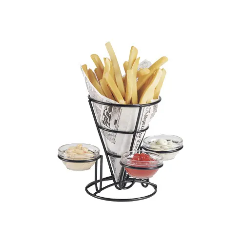 GET 4-361843 Fry Cone Basket, 5" Dia. x 7"H, Iron Powder Coated, Black, with 3 Condiment Cup Holders