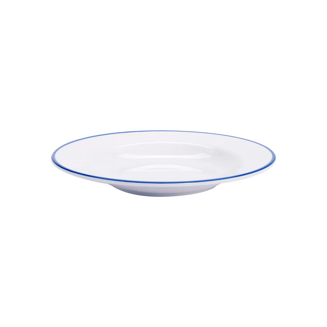 GET B-110-W/CB Enamelware Bowl, 10 oz, 9" x 9" x 1‑1/8", Melamine, White with Blue Trim - 1 Dozen
