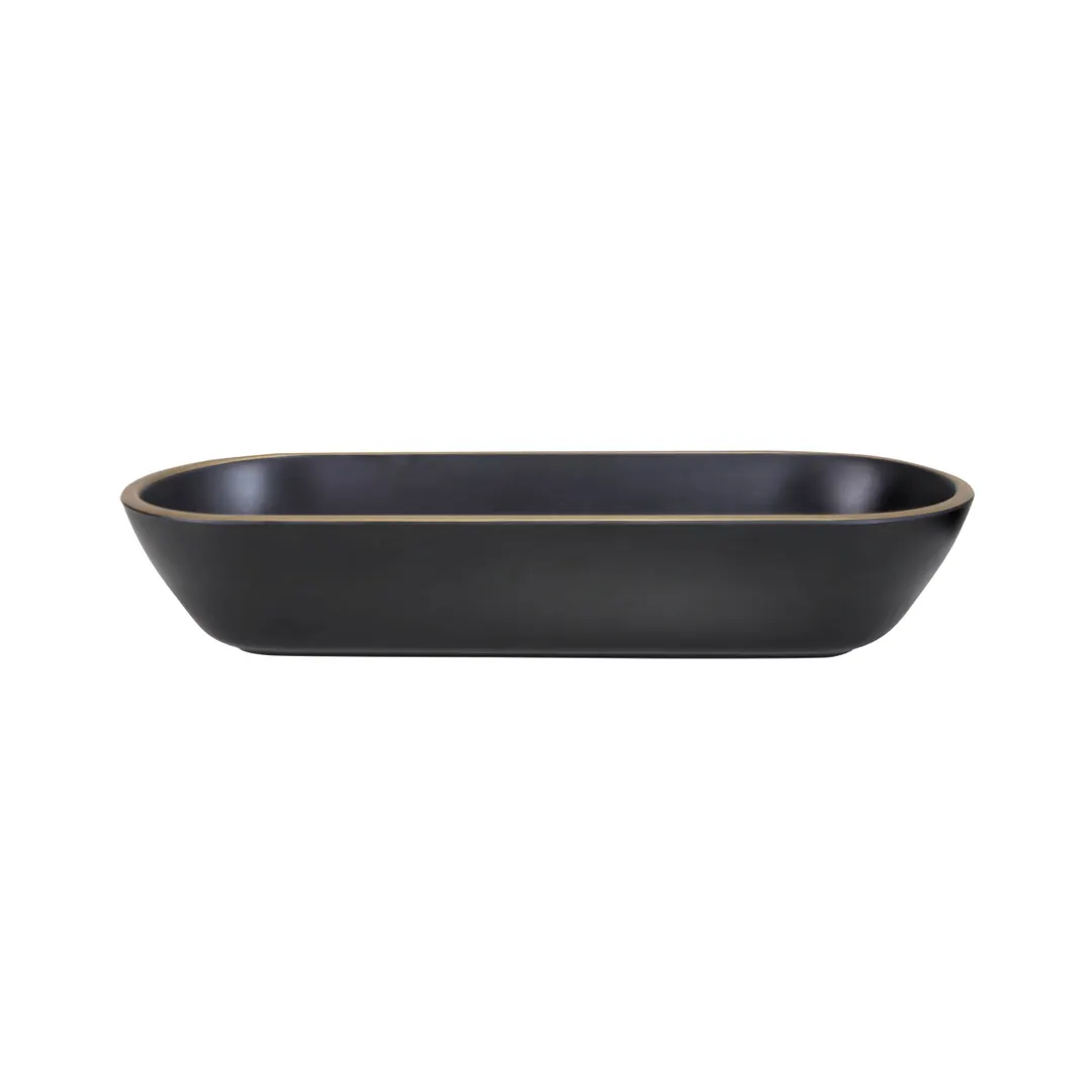GET B248152-GLDB Bowl, 70 Oz, 15‑1/8"L × 5‑7/8"W × 3"H, Oval Melamine, Black with Gold Rim