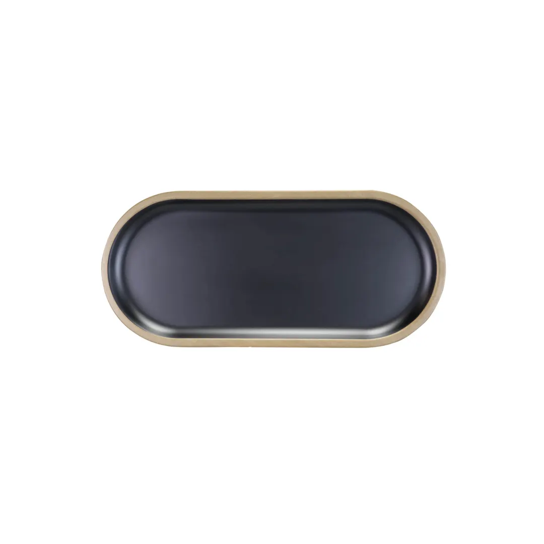 GET B251127-GLDB Plate, 12-5/8"L x 5-7/8"W x 3/4"H, Oval Melamine, Black with Gold Rim