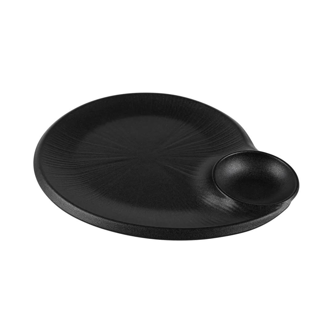 GET B598118-B 2‑Compartment Chip/Dip Plate, 10"W x 9‑1/8"D x 1‑1/2"H, Black Melamine, Dishwasher Safe