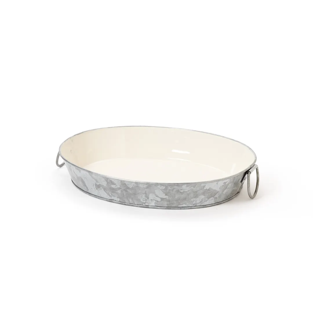 GET GT-108-GG/IV Oval Tray, 10" x 8" x 2"H, Galvanized Metal, Ivory Interior, Drop Loop Handles