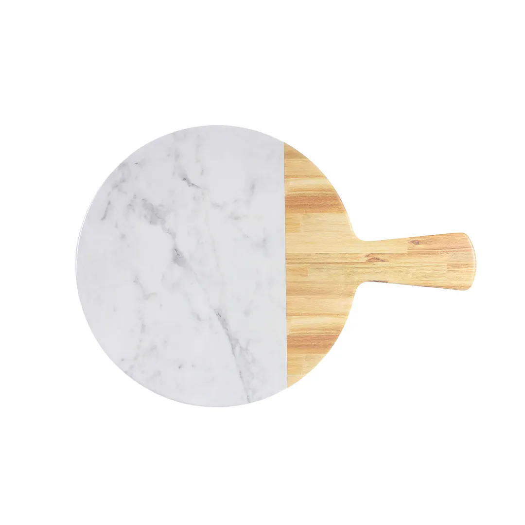 GET M12RWM-AWC Melamine Serving Board, 12" Dia., 5" Handle, Alder Wood & Carrara Marble, BPA Free