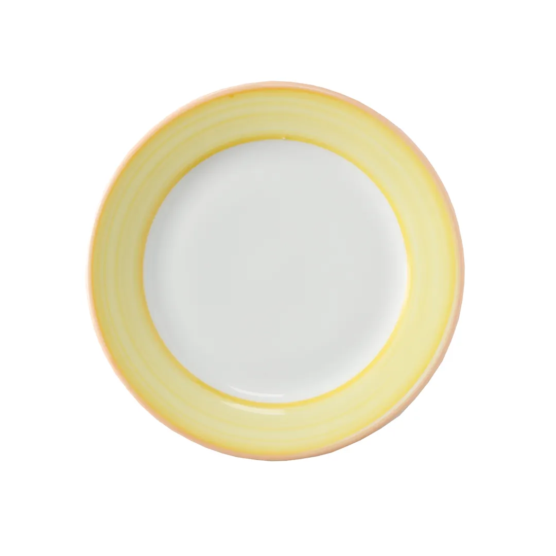 GET PA1600901424 China Plate 6-1/2" Porcelain, Rolled Orange Edge Yellow Scratch MW Safe - 1 Dozen