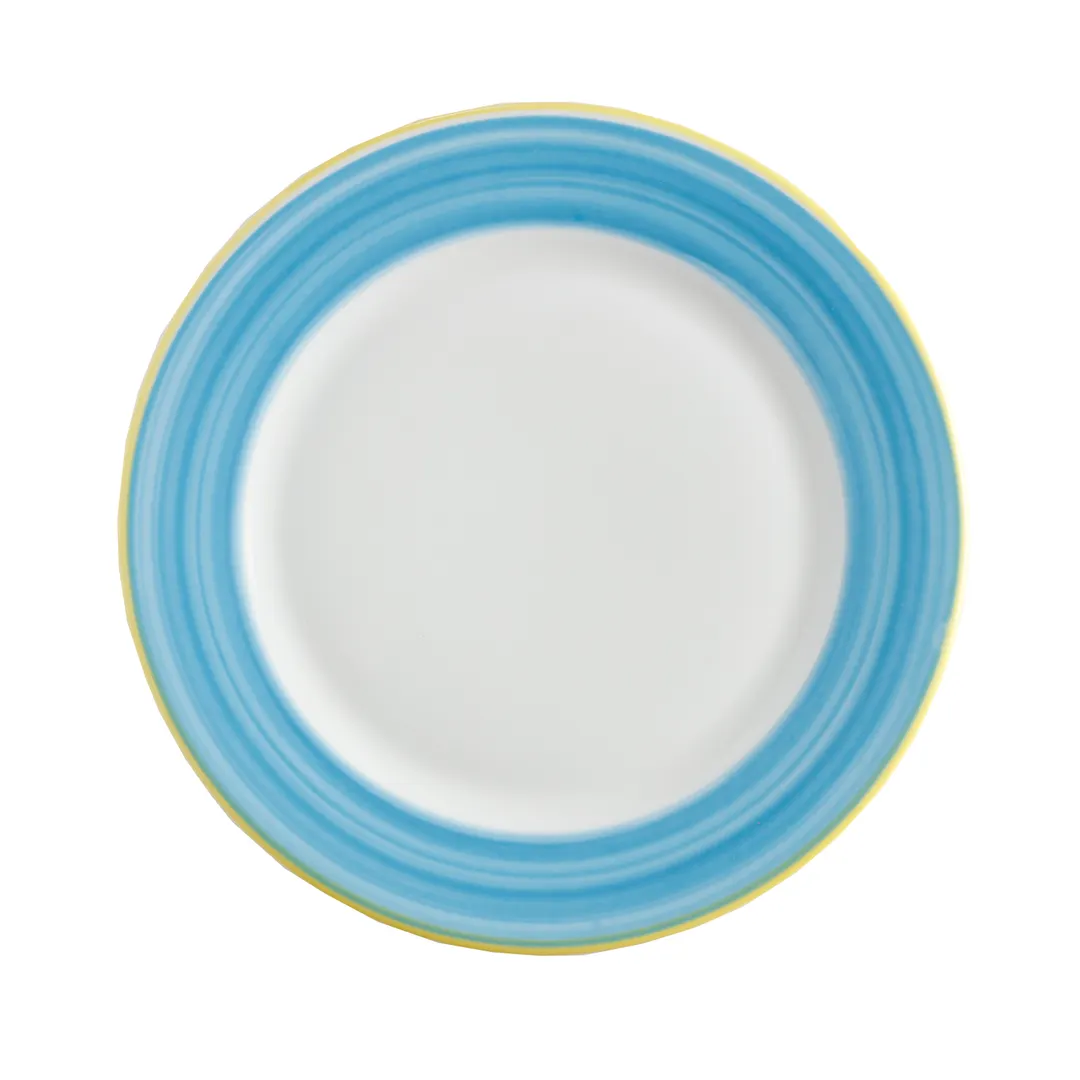 GET PA1601902724 10-5/8" Round Porcelain Plate Rolled Edge Yellow Edge/Corona/Calypso/Blue - Dozen
