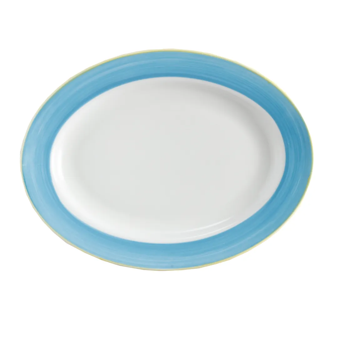 GET PA1601907612 Porcelain Platter, 10" x 7-1/2", Yellow/Blue Rolled Edge, Safe to 380°F - 1 Dozen