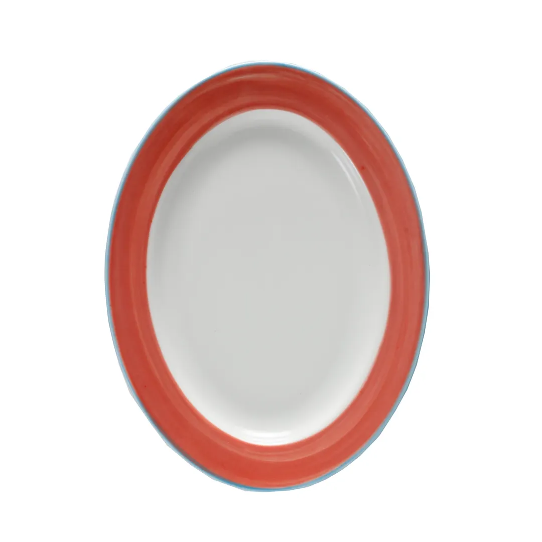 GET PA1602907712 Porcelain Platter 12" x 9", Rolled Edge, Blue Edge in Coral/Calypso - Dozen