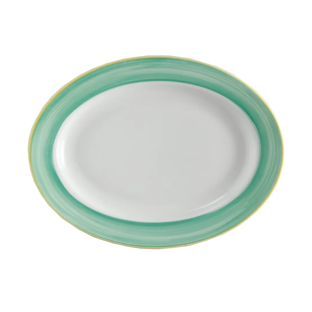 GET PA1603907612 Porcelain Platter 10" x 7.5", Rolled Rim, Microwave Safe, Yellow Edge - Dozen