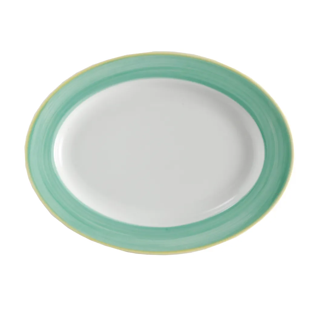 GET PA1603907712 Oval Porcelain Platter 12" x 9" Rolled Edge, Yellow Edge, Dishwasher Safe - 1 Dozen