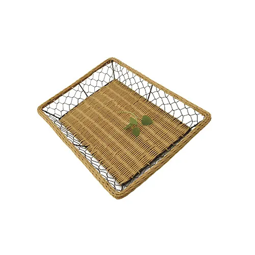 GET WB-704 Display Basket, Rect, 16-1/2" x 11-3/4" x 2-1/2"H, Rattan & Wire, Powder Iron, Black