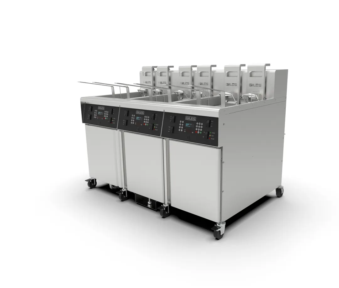 Giles GBF-80/80/80G Multiple Battery Gas Fryer w/ (3) 80-lbs Frypots, Built-In Filtration, Computer Control