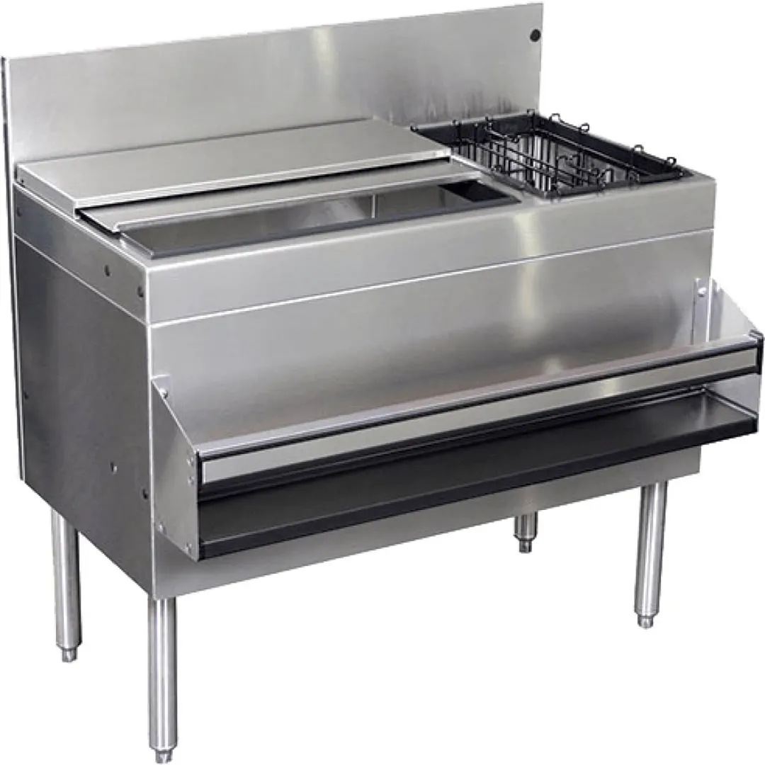 Glastender CBA-36L-CP10-ED Underbar Ice Bin/Cocktail Station w/ 92-lbs. Ice, 6-Bottle Well, 10-Circuit
