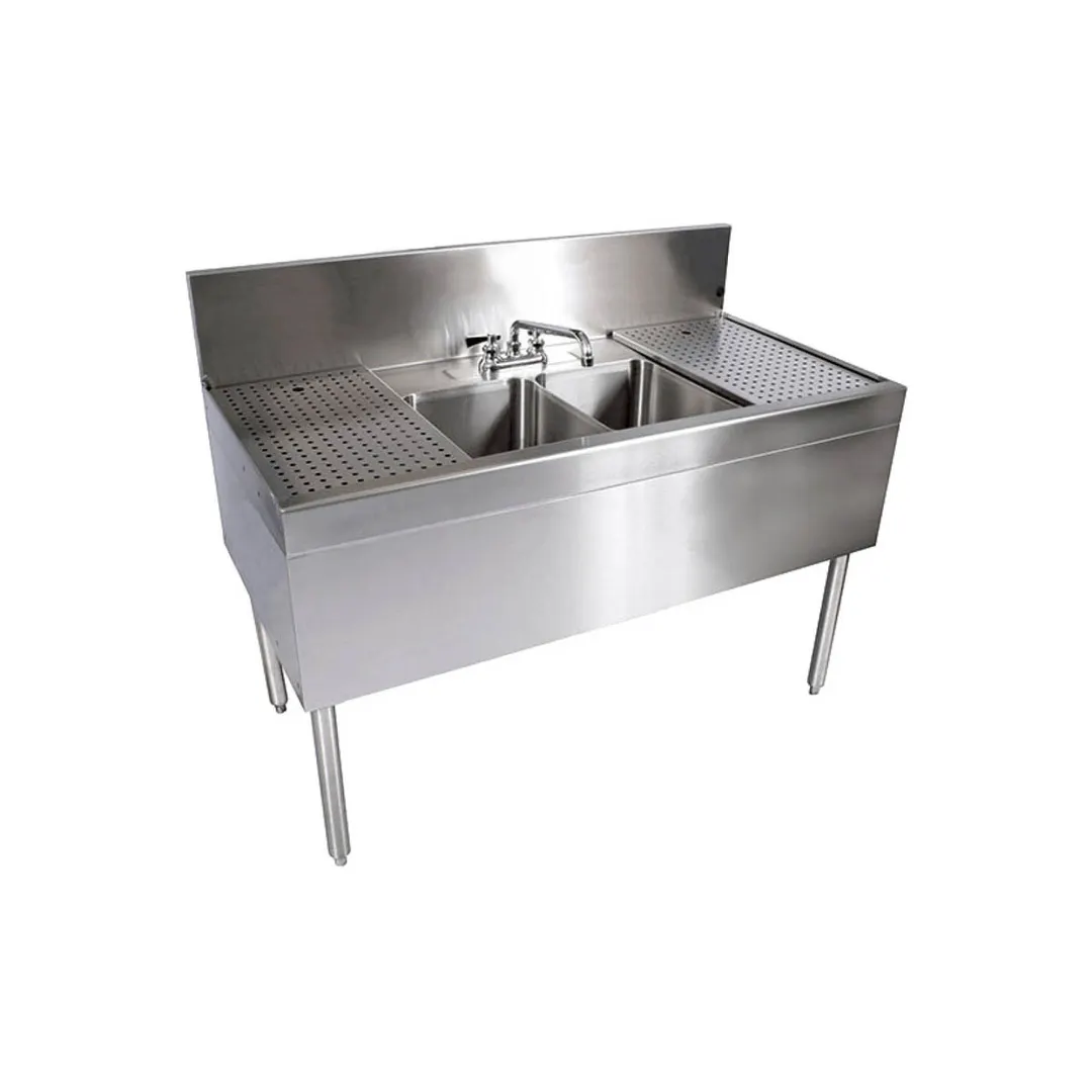 Glastender DSB-48-S 48" 2 Compartment Underbar Sink w/ 2 Drainboards, Deck-Mount Faucet