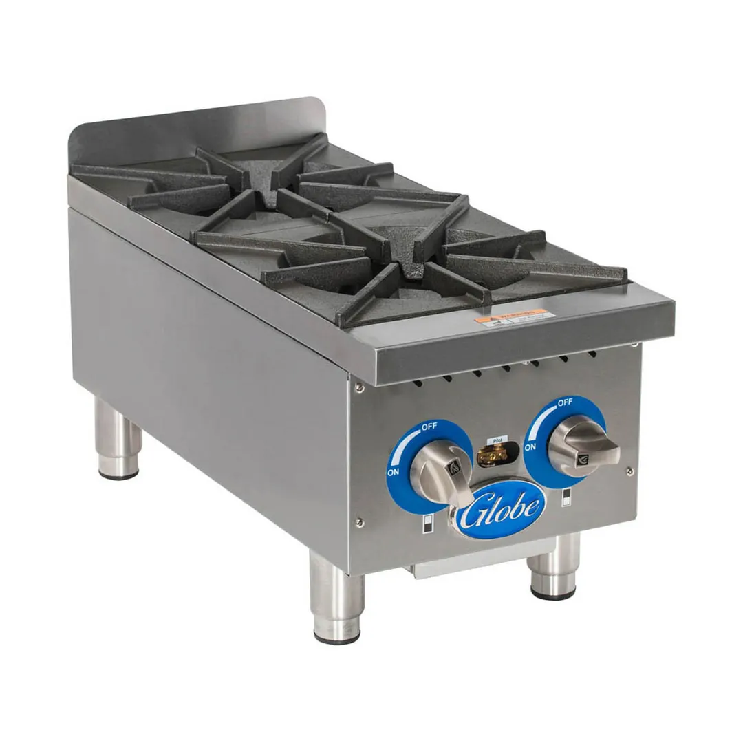 Globe GHP12G 12" Countertop Heavy Duty Gas Hotplate with (2) Burners, 44.000 BTU