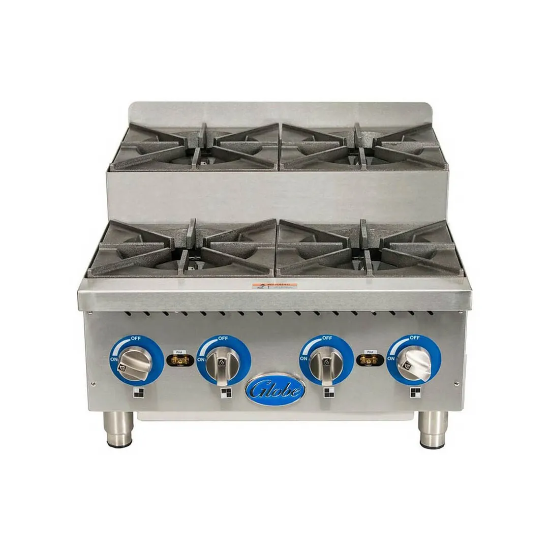 Globe GHPSU424G 24" Countertop Step-Up Gas Hotplate with (4) Burners, 120.000 BTU